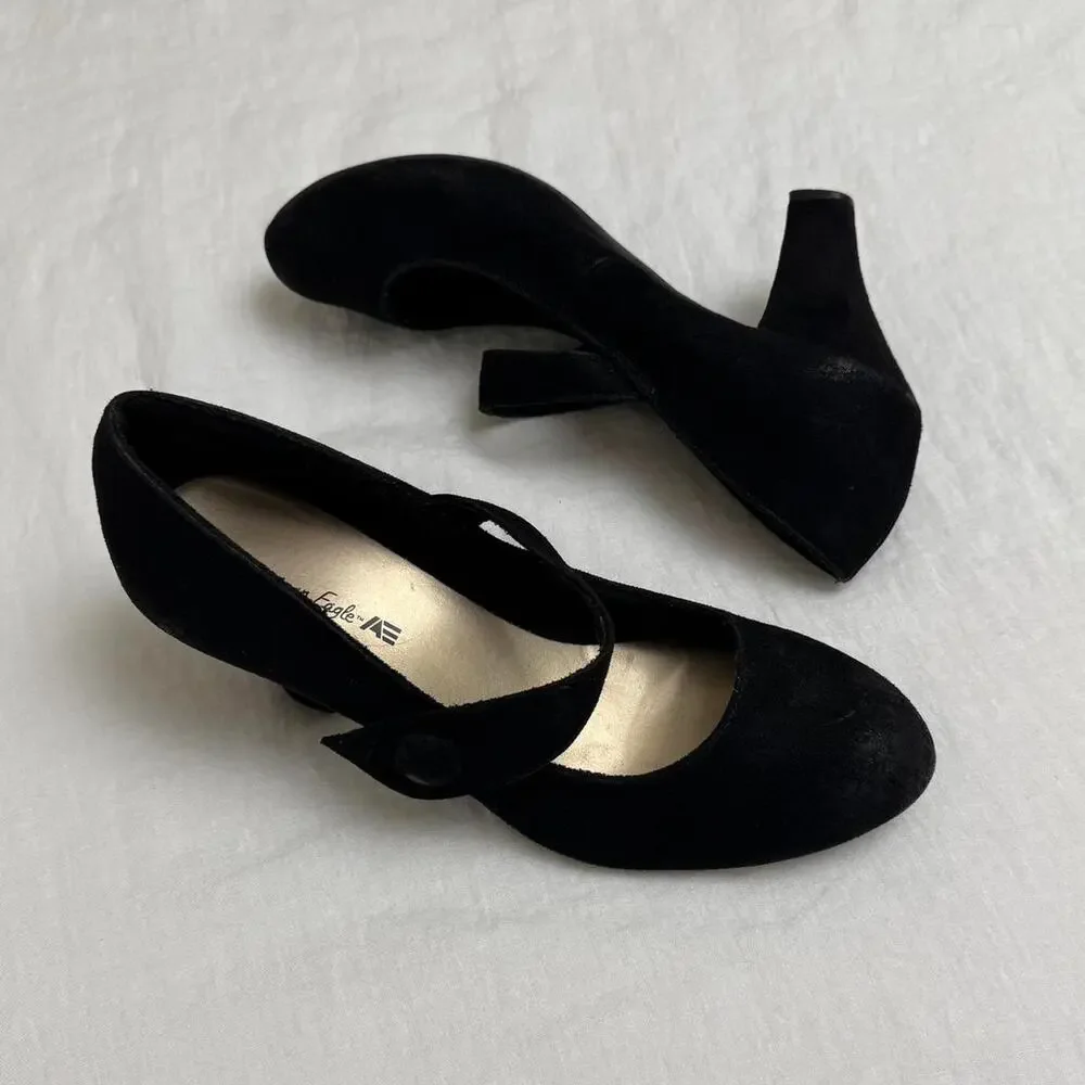 Vintage Y2K Black Faux Leather American Eagle Mary Jane Chunky Heels Size 7.5